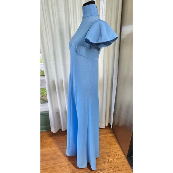 Vintage 60s dress, sky blue, Mod minimalist gown, high neck, flutter sleeves - Picture 3 of 10